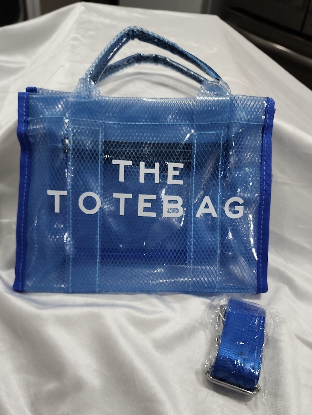 Small Blue PVC Clear Tote Bag Handbag with Removable Wide Strap